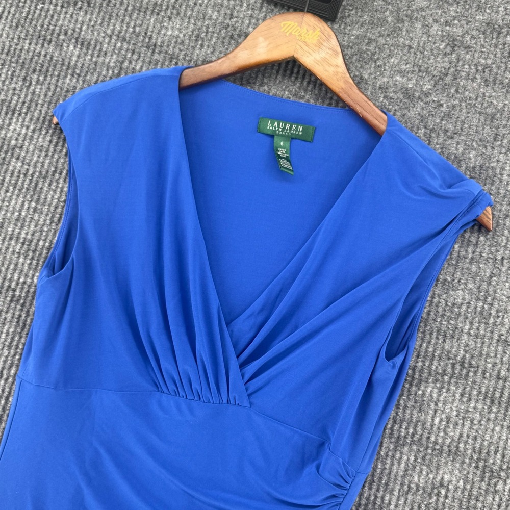 Lauren Ralph Lauren Dress Womens 6 Blue Excellent Ruched V-Neck Sheath Jersey